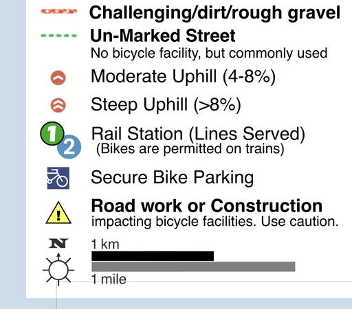 The MEGAMAP and Greater Northshore Bike Connector Map legend, showing both 1 and 2 lines on the west side.