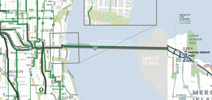 the City of Seattle part of the MEGMAP newly showing the 2 line stations on Mercer Island and Judkins Park
