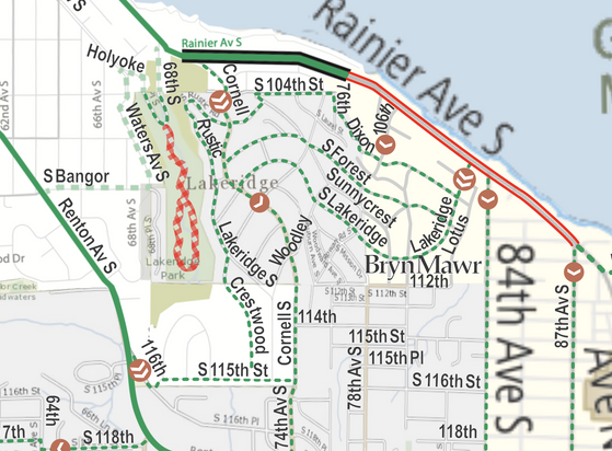 The Lakeridge/Bryn Mawr new bike map area, with steep slope markers alllllllll over the place, because YEP SURE IS STEEP xD  so bad.)