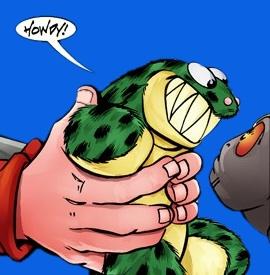 Buck Godot handing over The Winslow, an indestructible fuzzy immortal and very stupid alligator thing to an alien who isn't sure what to do next. The Winslow is saying one of its favourite things to say, which is "Howdy!"