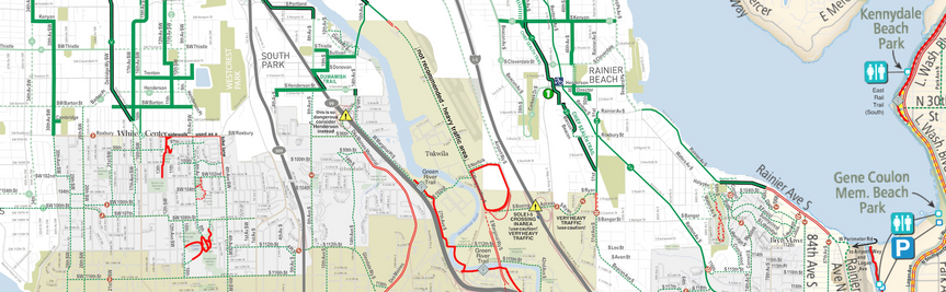 A section of the MEGAMAP showing listed additional coverage areas south of Seattle in King County, with official support (such as it is), commonly-used route markings, notes, warnings, and slope markers.