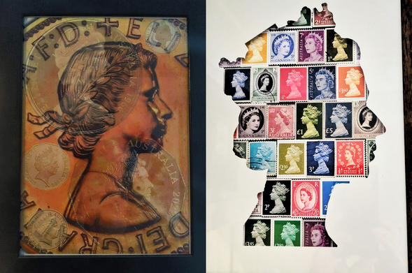 Two composite images together - left: A picture I made, of coins with each of the portraits overlaid on a larger image of a penny with the Mary Gillick portrait.  Right: A picture I bought of the Queen's portrait made up of stamps of her image.