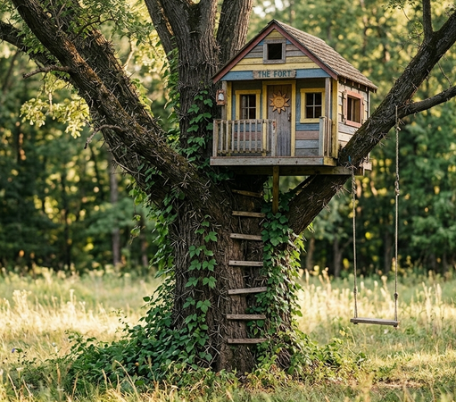 Treehouse in tree with lots of thorns and poison ivy