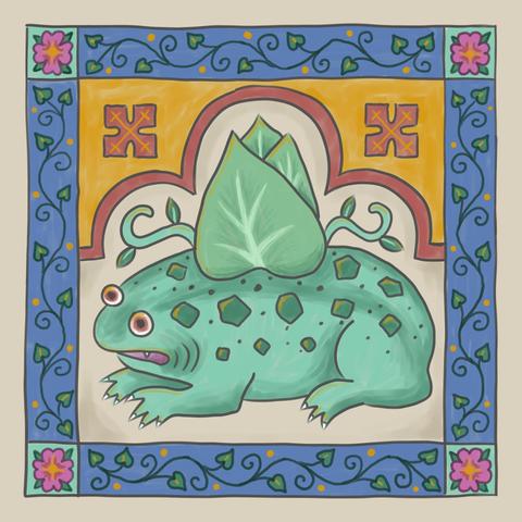 A digital painting of the Pokémon Bulbasaur, kind of a dinosaur-frog creature with a large plant bulb on its back. 

This is referencing a very specific illuminated manuscript frog illustration where the frog looks stressed, but I added the plant bulb and some vines to its back, and lightly changed its color scheme to the mint green with darker green spots of Bulbasaur, and gave it red eyes.

It's under a trefoil arch that these manuscripts really liked to put people under, gold with a red border and some red crosses.

The border around everything is ivy vines on a blue background, and pink flowers in the corners. Everything has little touches of yellow on it to imitate gold.