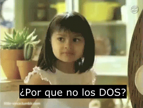 a young girl (artist Mia Agraviador) with medium length straight black hair shrugging her shoulders and saying saying “¿Por qué no los dos?” (“Why not both?”)